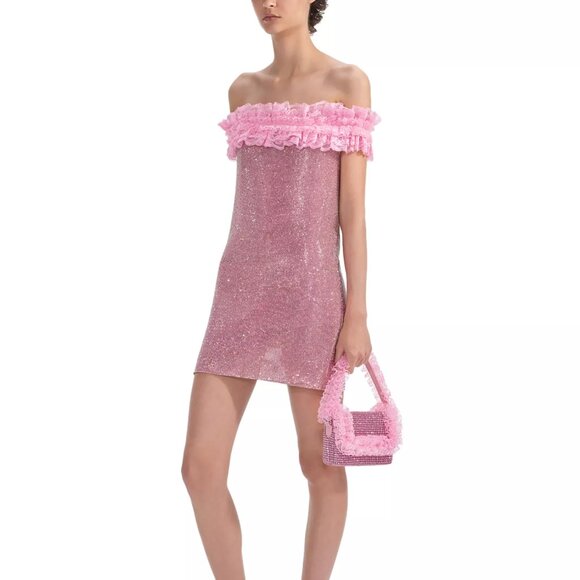 760$ Self-Portrait X Christopher Kane Crystal Fishnet Mini Dress Size 12 Pink - Picture 2 of 3